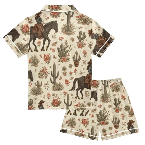 Satin Pajama Sets Short Sleeve Cowgirl Riding Horse and Cactus Button Down Silky Nightwear 2 Piece PJS 5Y,2