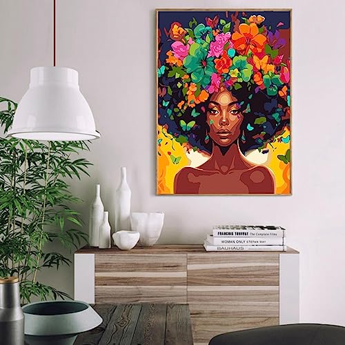 Image of Clendo DIY African Woman Paint by Numbers for Adults Canvas, Flowers and Girl Paint by Number Kits on Canvas - Frameless Oil Painting Kits Arts and Crafts for Home Decor Present 16x20 inch