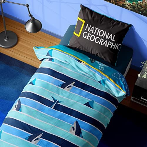 National Geographic Kids Bedding, Save Our Ocean Reversible Single & Double Duvet Cover Made From Recycled Plastic Bottles, Sea Life Animals Underwater Creatures Bed Set Includes Pillow Case (Single)