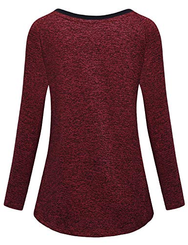MISS FORTUNE Hiking Shirt Women,Ladies Quick Dry Basic Tees V Neck Athletic Tops Fitness Yoga Long Sleeve Exercise Tunic Athleisure Wear Weekend Simple, Wine Red M