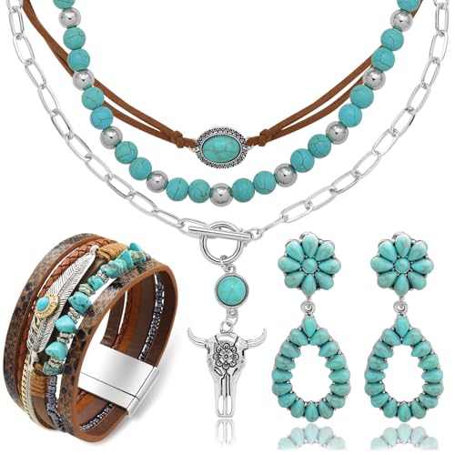 RechicGu Western Jewelry For Women Bohemian Turquoise Dangle Earrings Necklace Bracelet Set, Bullhead Pendant Layered Choker Boho Faux Leather Wristband Country Concert Cowgirl Accessories