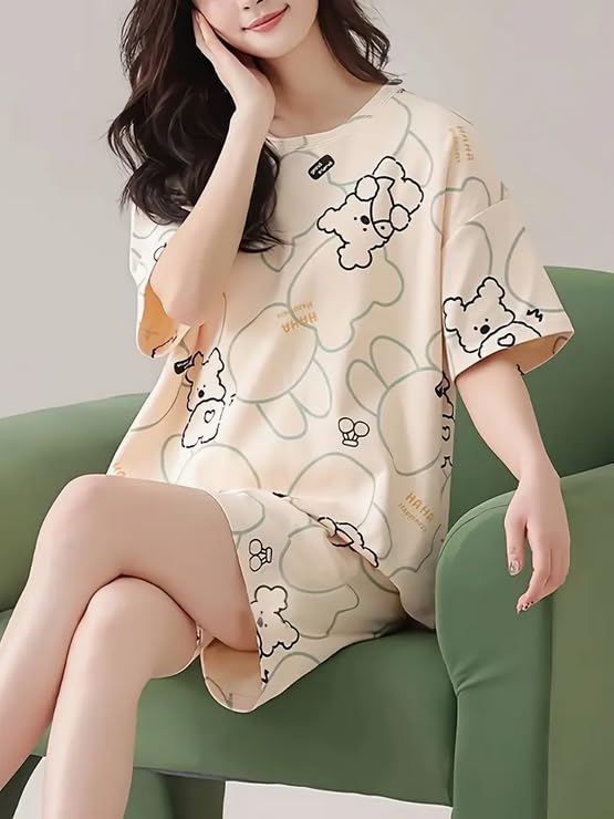 Image of Lunza Women's Cotton Pajama Set with Top & Pants|| Korean Night Suit|| Lightweight Printed Set || Soft & Comfy Sleepwear for Girls & Women