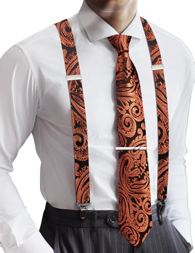 Image of Barry.Wang Men Suspender Set with Necktie Elastic Y Type Heavy Duty 6 Clips Braces Tie Handkerchief Cufflink Pin 6PCS