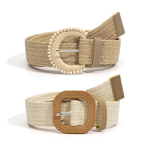 Straw Woven Belts for Women Dresses Boho Braided Stretchy Waist Belt for Summer Dress Pants 2 Pack