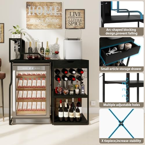PUNCIA Wine Bar Cabinet with Wine Cellar Fridge Storage LED Lighting Glass Holder and Drawer – Stylish Liquor Cabinet and Coffee Bar Table for Home Bar Living Room or Apartment Entertaining - Thumbnail 4