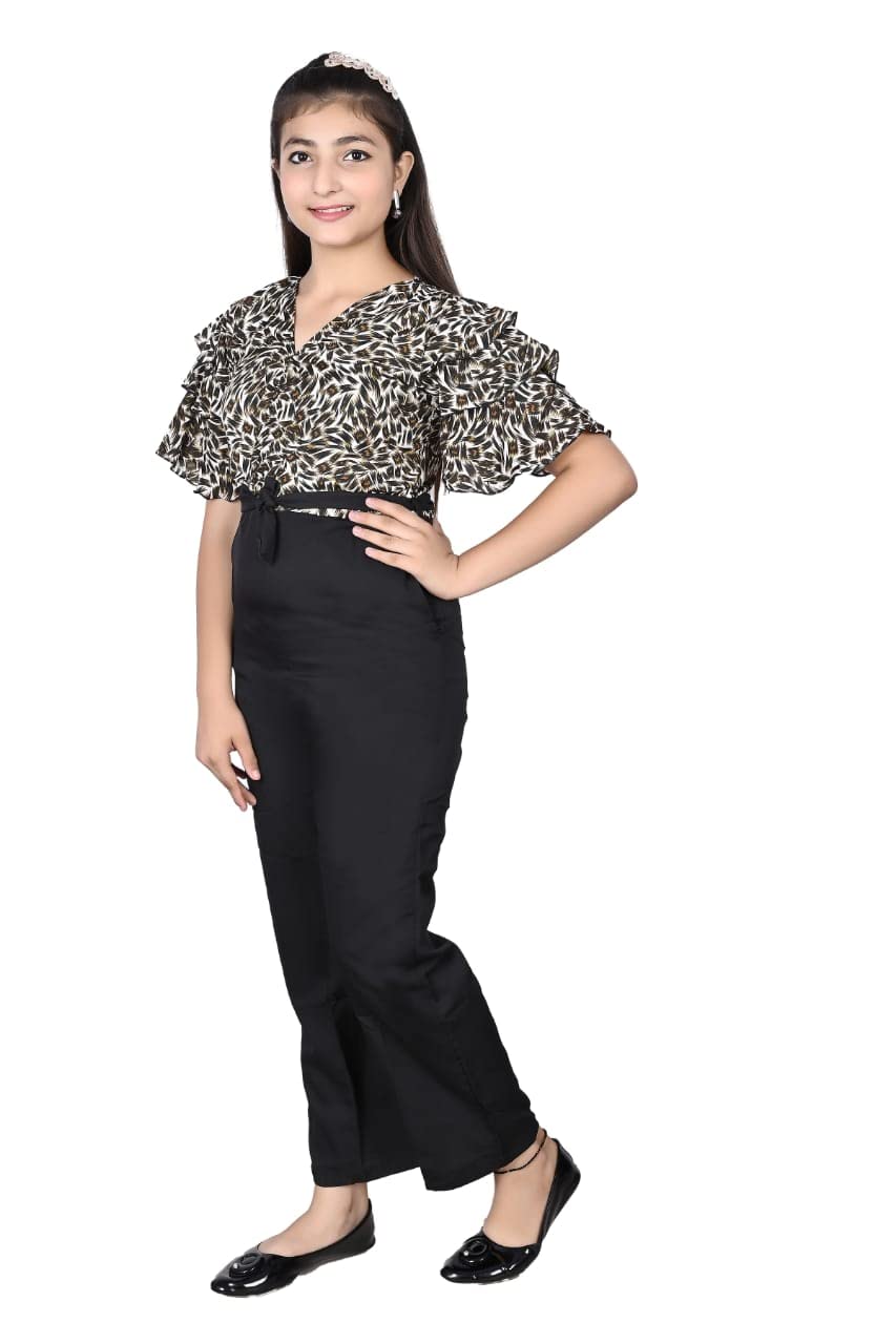 Girls Flared Sleeves Printed JumpSuit-66 Tiger Print-Black 12-13 Years - Image 4 thumbnail
