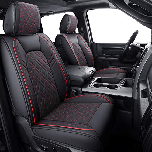 Image of Aierxuan Front Car Seat Covers for Dodge Ram Waterproof Leather (Black-Red)