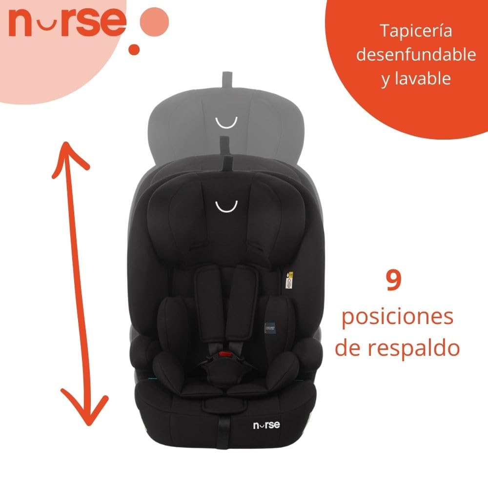 Nurse Uchwyt, fotel samochodowy iSize, 76 do 150 cm, 2-12 lat, instalacja paska, 9 pozycji, fotel samochodowy bez Isofix, czarny