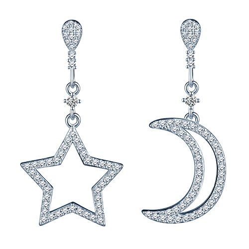 Preisvergleich Produktbild Yumilok 925 Sterling Silber Zirkonia Mond Stern Ohrstecker Ohrhänger Asymmetrische Ohrringe Ohrschmuck für Damen Mädchen
