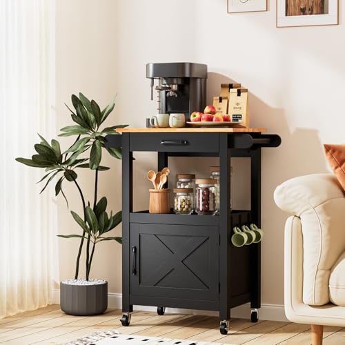 VINGLI Rolling Kitchen Cart with Microwave Stand, Storage Cabinet & Drawer, Small Coffee Cart with Side Hooks & Towel Rods, Compact Kitchen Island on Swivel Wheels, Black