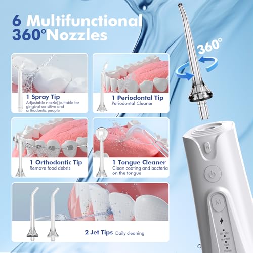 【Wasser Flosser für Zähne Kabellos】Munddusche mit 5 Modi, 300ML Wassertank IPX7 Wasserdicht Elektrischer Zahnreiniger, Wasserseide mit 6 Spitzen für Zahnfleisch/Zahnspangen/Kieferorthopädische – Bild 7