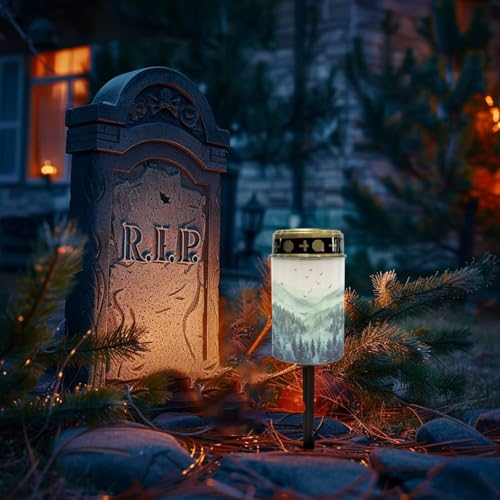 Image of Forest Pattern Cemetery Solar Lights Water Resistant LED Flameless Candle Grave Lights Solar Powered Grave Decor Memorial Gift Outdoor Garden Decor Light for Prayer 2 Pcs