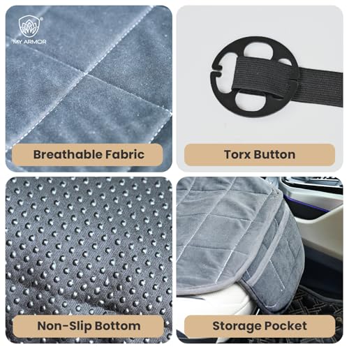 Image of MY ARMOR Seat Cover Car Set | Ultra-Soft HR Quilted Cushion | Non-Slip Grip & Storage Pouch | Universal Fit Protector | Rear Seat 50x20 & Front Section 20x20 Inches | Grey Velvet