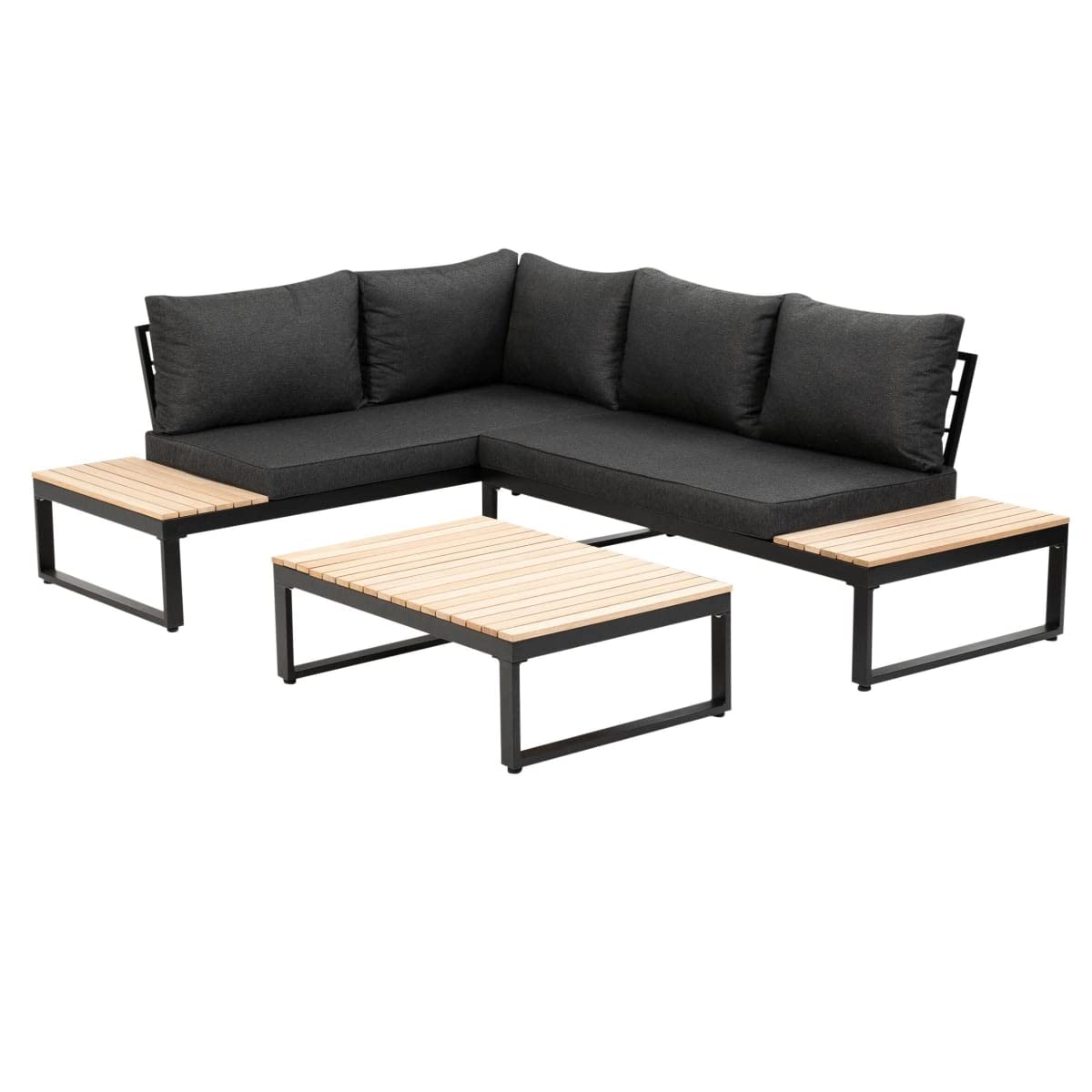 greemotion Ensemble Salon de Jardin Rio, Set de 2 Fauteils et Table en Bois d’Acacia FSC® 100%, Cadre Aluminium, Coussins en Polyester Inclus, Gris/Bois/Noir