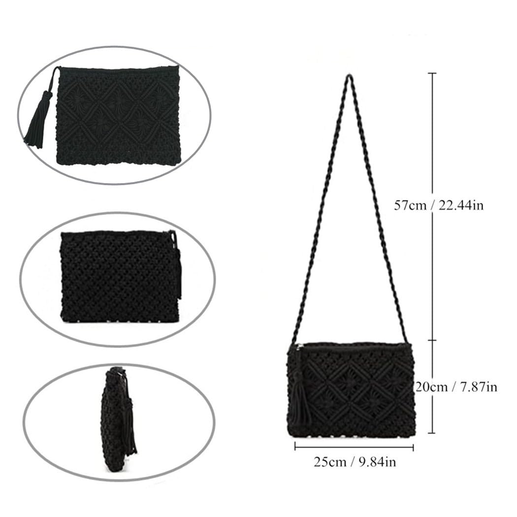 oukesin Borsa a tracolla da spiaggia estiva in nappa fatta a mano in macramè di cotone da donna, 041Nero