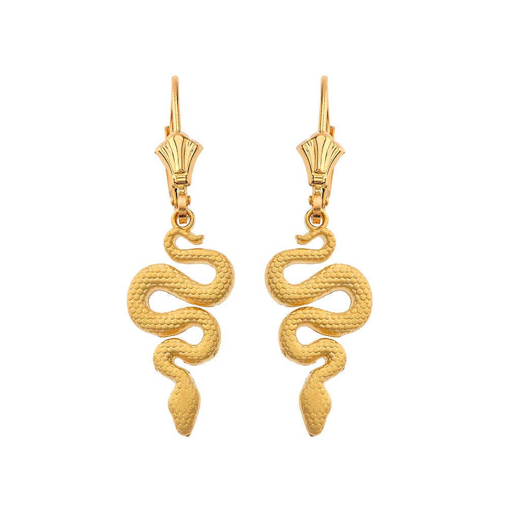 Claddagh Gold Textured 10k Yellow Reptile Sinuous Serpent Snake Dangle Earrings, Yellow