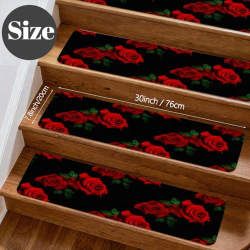 Alfombra antideslizante para escaleras de 7.8x30 pulgadas flores rojas suave 4