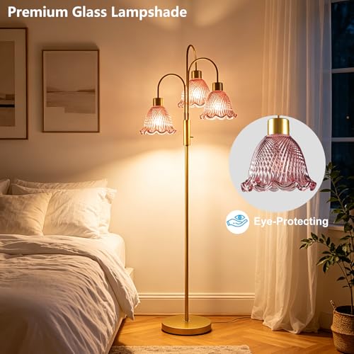Image of 3-Light Glass Floor Lamp for Living Room, 70 inch Gold Dimmable Standing Tall Lamp with Deep Red Glass Shades &3PCS 3000K Warm White Bulbs for Wedding /Party, Modern Tree Pole Lamp for Bedroom Home Decor