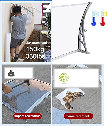 Aluminium Front Door Canopy Window Awning Outdoor Polycarbonate Solid Sheet,Soundproofing Door Awning Porch Awning Rain Shelter,For Garden Roof Patio Porch Awning (Transparent Board + Silver Grey Brac #TOP4