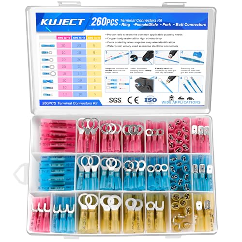 Image of Kuject 260PCS Heat Shrink Wire Connectors Kit, Electrical Waterproof Crimp Butt Terminals, Insulated Spade Connectors for Automotive Marine Boat Truck, Include Rings Forks Spade Butt Splices