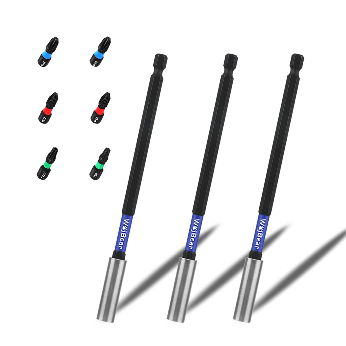 WojBear 3 PCS Magnetic Extension Bit Holder Set, 3 * 150mm Drill Bit Holder for Impact Driver with 6 PCS Screwdriver Bits