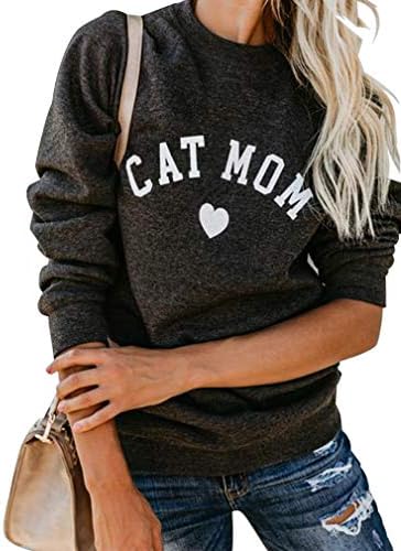 Heymiss Womens Tops Cat Mom Gifts Long Sleeve Shirt Crewneck Soft Pullover Sweatshirt Letter Print Tops Casual Fall Clothing Dark Gray Cat Mom XXL