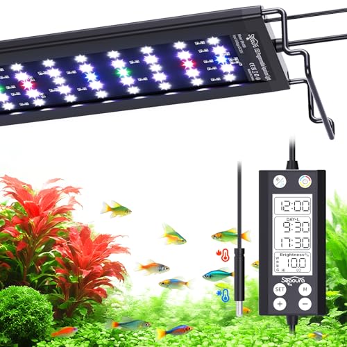 SEAOURA Aquarium Beleuchtung, 45-60cm Vollspektrum LED mit Temperaturmonitor, 24/7 programmierbar mit Speicherfunktion, WRGB individuell, 20 dimmbare Stufen für Süßwasseraquarien