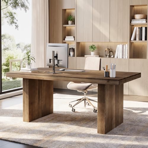 63" Solid Wood Home Office Desk, Farmhouse Large Executive Computer Desk with Sturdy Wooden Legs, Study Writing Table Business Workstation with Spacious Tabletop, Rustic Dark Brown - Image 4