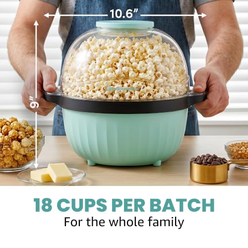 Image of Elite Gourmet 4.5Qt. Stirring Popcorn Maker with Ceramic Coated Plate, Stirring Rod, Clear Cover Doubles as Serving Bowl, Butter Melting Tray, Up to 18 Cups, Makes Fresh Buttery Popcorn, Mint