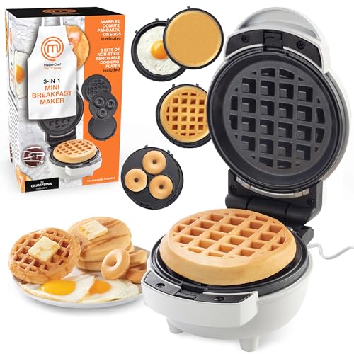 MasterChef 3-in-1 Mini Holiday Breakfast Maker- Make Eggs Pancakes Donuts Waffles & More in 1 Easy...