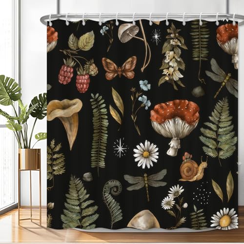 NAEMBCU Fabric Shower Curtain with Hooks Waterproof & Washable & Polyester Dark Boho Forest Mushroom Shower Curtains for Bathroom Cottage Core Nature Bathroom Curtain House Gift 71x74 Inch