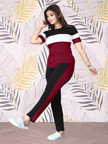 Image of Cotton Blend Tracksuits for Women Half Sleeves Round Neck Woman Workout T-shirt & Pant for Sports Comfortable and Breathable Gym Wear for Womens Tracksuit Set with Top & Bottom Pants