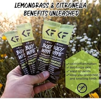 The Klean Freak Body Wipes - 12 count Individually Wrapped | Showerless Body Wipe for Women & Men | Sustainable Bodywipes for Gym, Travel, Camping | Lemongrass Citronella