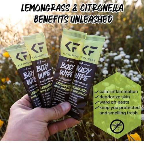 The Klean Freak Body Wipes - 12 count Individually Wrapped | Showerless Body Wipe for Women & Men | Sustainable Bodywipes for Gym, Travel, Camping | Lemongrass Citronella