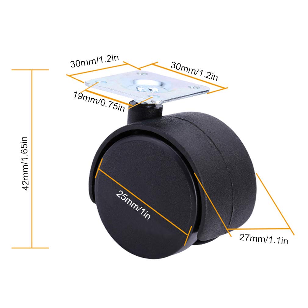 Ruote girevoli per carichi Pesanti, Ruote per mobili, Ruote girevoli per mobili, Set di 4 Ruote in Nylon per mobili, Ruote girevoli per sedie da Ufficio, Doppia Ruota girevoli, Carico 50 kg,