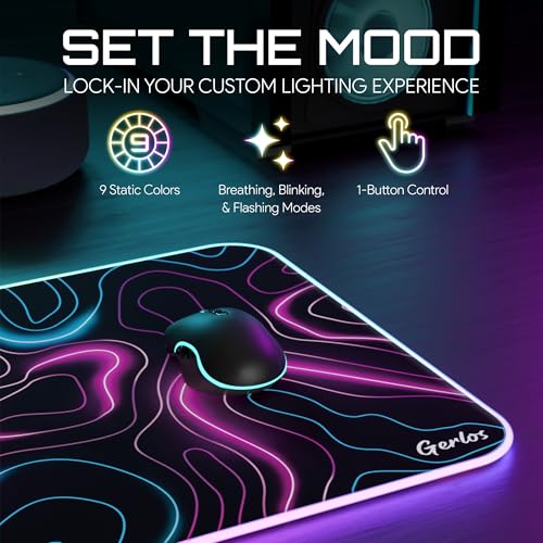 Image of Gerlos RGB Gaming Mouse Pad, Large LED Desk Mat, 31.5 x 11.8 Inch | 12 light modes, non-slip base, water-resistant surface, stitched edges