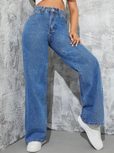 Image of GRECIILOOKS High Waist Jeans for Women - Wide Leg Straight Fit Denim | Baggy Cargo Style Casual Pants for Girls & Daily College Wear