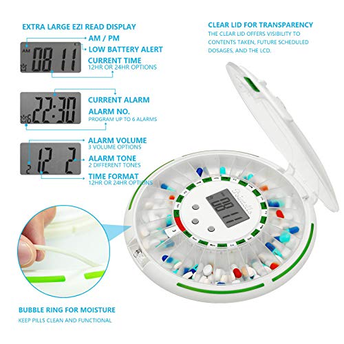 Pointells Automatic Pill Dispenser – 28-Day Portable Medication Planner and Organizer – Dispense Vitamins and Tablets Up 6 Times Per Day – Includes Flashing Light, Alarm and Safety Lock