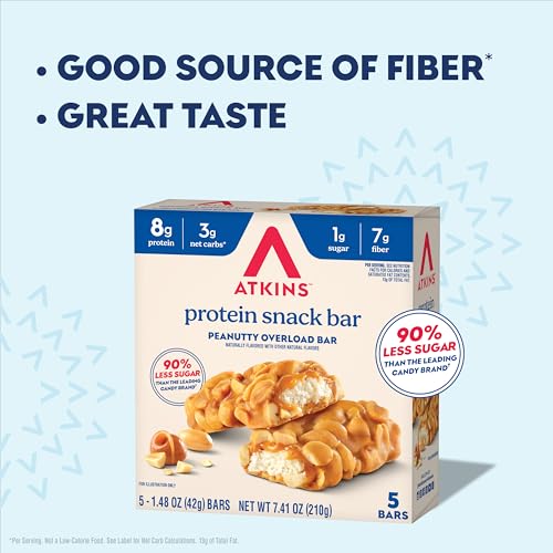 Image of Atkins Peanutty Overload Snack Bar, Protein Snack, High in Fiber, 2g Sugar, 5 Count