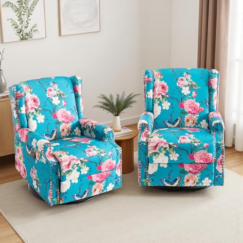 Image of Swivel Rocker Recliner Chairs Set of 2, 360 Swivel Wingback Recliner Chairs for Adults, Upholstered Printed Fabric Glider Rocking Chair with High Back, Deep Seat for Living Romm Bedroom, Peacock Blue