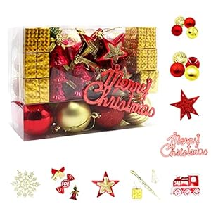 Kerstballen, set van 83 stuks, van kunststof, boomversiering, kerstboomdecoratie en kerstboomversiering in verschillende maten en uitvoeringen, goud en rood