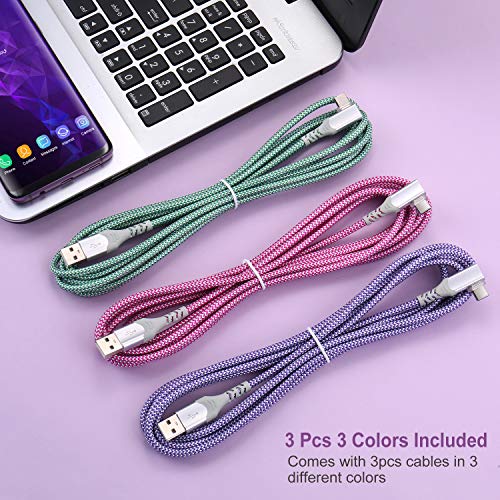 Usb Type C Cable Fast Charging [3Pack,10Ft],Pofesun Usb C Cable Right Angle 90 Degree Usb A To Type C Fast Charger Compatible For Samsung S22+Ultra S21 S20 S10 S9 Plus Note 20 10-Purple,Green,Rose #TOP6