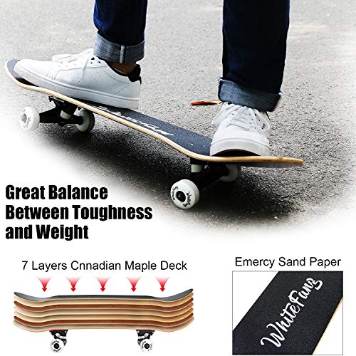 Image of WhiteFang Skateboards for Beginners, Complete Skateboard 31 x 7.88, 7 Layer Canadian Maple Double Kick Concave Standard and Tricks Skateboards for Kids and Beginners
