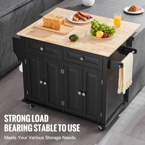 VEVOR-Kitchen-Island-Cart-35-Wood-Top-Mobile-Carts-with-Storage-Cabinet-Rolling-Table-with-Drop-Leaf-Spice-Rack-Towel-Bar-Adjustable-Shelf-Drawer-and-Hooks-Portable-Islands-on-Wheels-Black