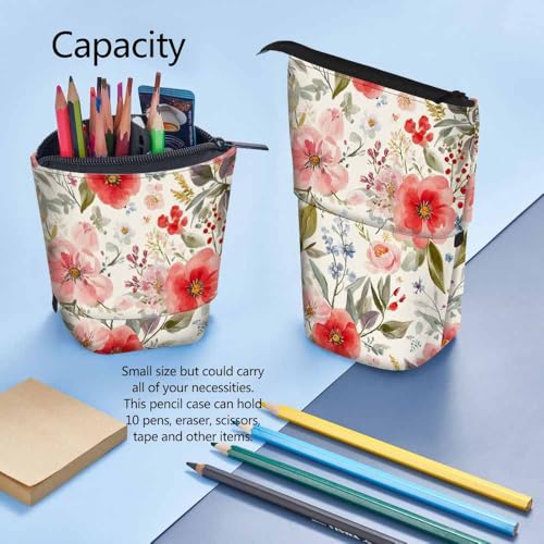 Image of Swono Floral Colored Pencil Case Romantic Watercolor Blossoming Botanical Flowers Wreath Standing Pencil Case Pencil Pouch Pencil Holder Colorful