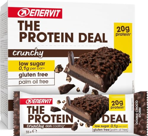 Enervit, The Protein Deal Crunchy Double Choco Storm, Barritas Proteicas Enervit, 20g de Proteína, Sabor Chocolate Negro, Snacks Proteicos Sin Gluten, Bajo en Azúcar, 12 x 55g Barritas