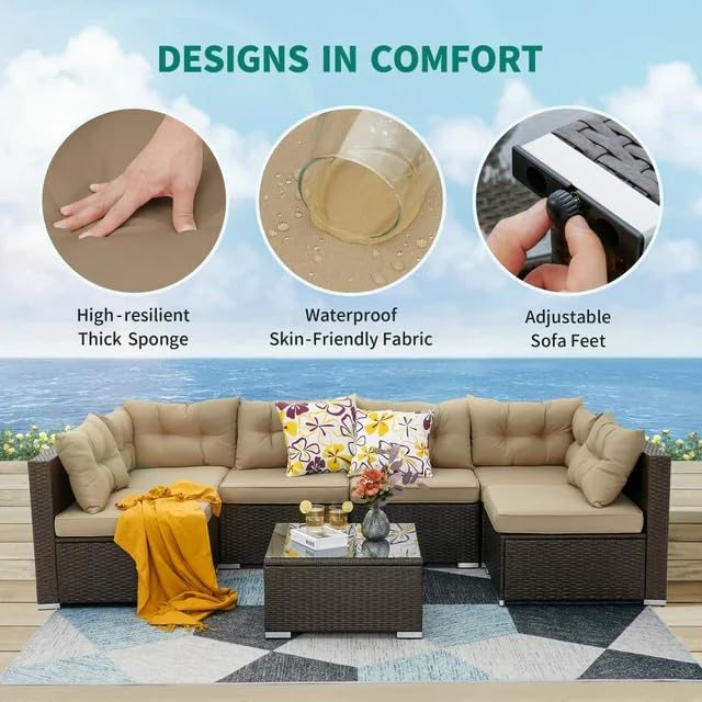 Image of DEVOKO 6 Seater Patio Outdoor Indoor All-Weather Sectional Sofa HDPE Rattan Manual Weaving Wicker Conversation Furniture Set for Garden, Porch, Terrace, Deck, Lawn (Dark Brown & Beige)