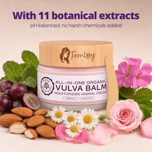 Image of Vulva Balm for Vaginal Dryness, Itching & Irritation - Organic Vaginal Moisturizer with Rose & 11 Botanicals (Cooling Menthol, 2oz) - Hormone-Free Menopause Care - Soothes Redness & Chafing