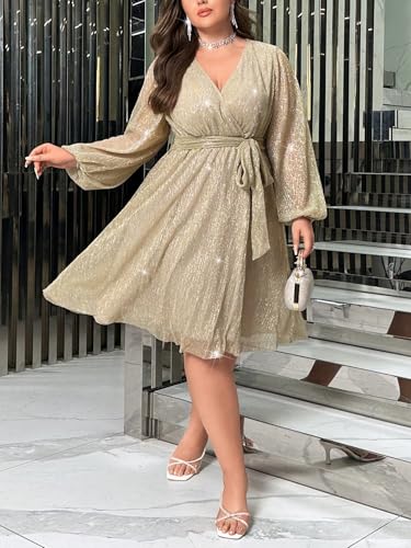 Image of RED DOT BOUTIQUE 876 - Plus Size Elegant Sheer Sleeve Dress with Waist Sparkle Chiffon Mesh Cocktail Dress