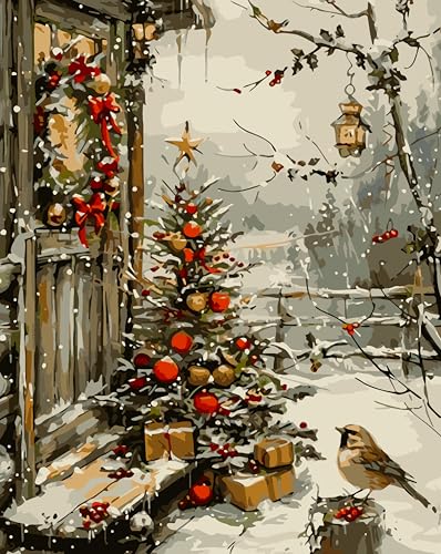 LKHMVCA Christmas Tree House Bird Paint by Numbers for Adults DIY Winter Paint by Numbers Kits for Adults Beginners Without Frame Acrylic Paint Canvas Painting Kits Art for Home Decor 16x20 Inch